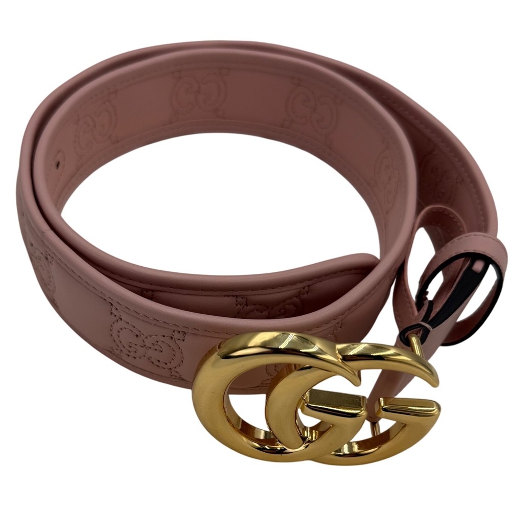 Gucci Pink GG Marmont Leather Belt 85/34 Gold Double G Buckle Embossed Logo - Picture 3 of 14